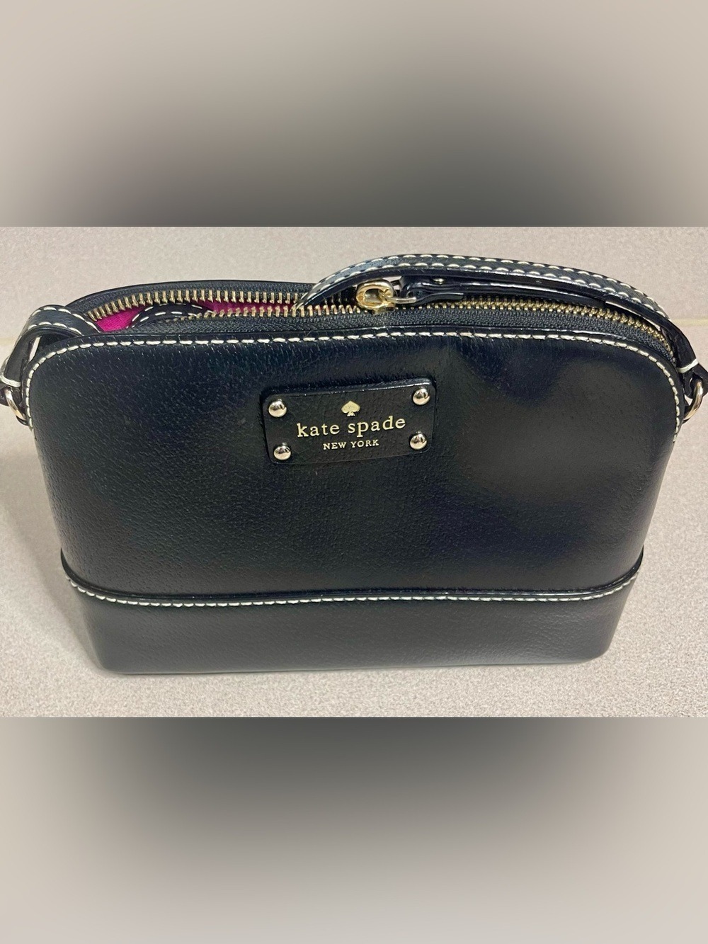 Kate Spade New York Black Leather Crossbody Bag White Stitching Adjustable Strap